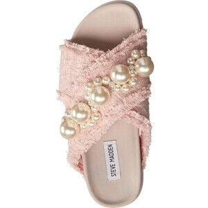 Steve Madden Women's Amie Flat Pink Boujee Pearls Slide Sandal House Slippers 6